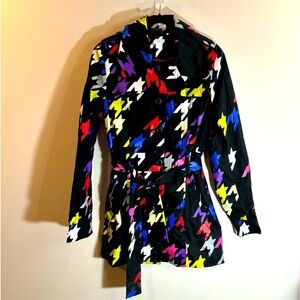 GSUS SINDUSTRIES Sz L Franny Large Print  Houndstooth Pattern Belted Rain Coat